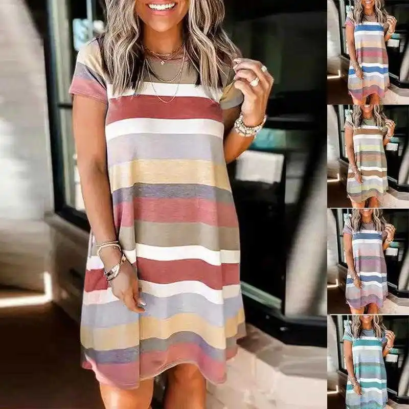 

Summer Womens Clothing Loose Dress Casual Fashion Striped Printed Short Sleeve
