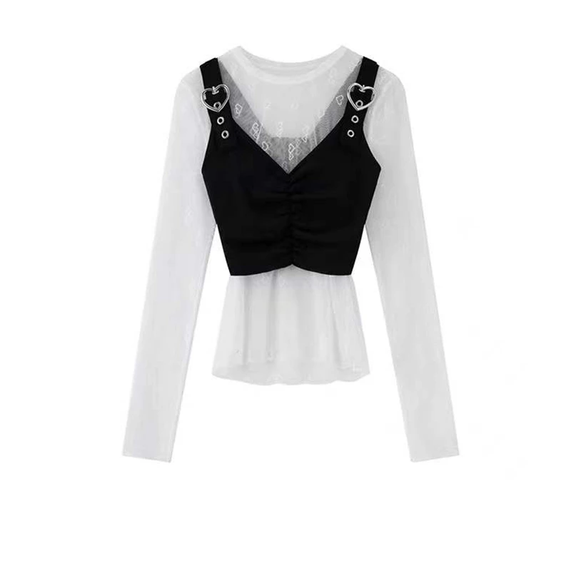 

E-girl Aesthetics Mesh Tops Thin Woman Fake Two Pieces Korean Gothic Y2K O-Neck Patchwork Long Sleeve T-Shirts Sexy Spring 2022