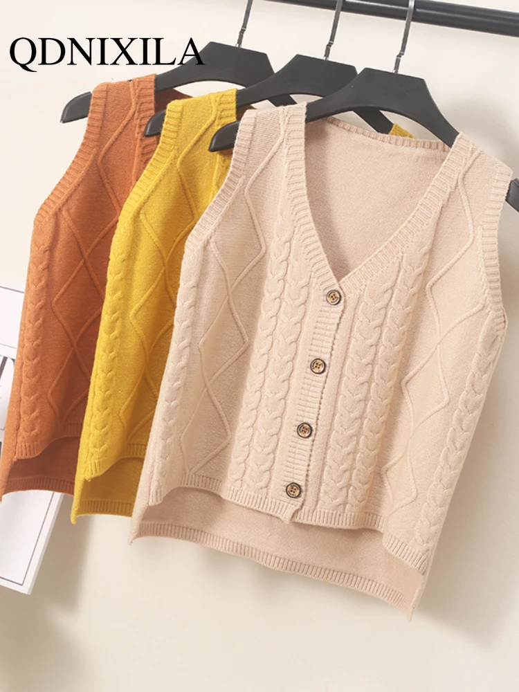 

New Women Vest Knitted Solid Autumn Knitted Vest Female V Neck Vest for Women Sleeveless Outerwear Korean Vest Women's Knitwear
