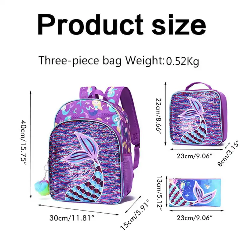 

in 1 Kid Bookbags Set Girls Sequins Backpack with Lunch Bag Pencil Case for School Outdoor Travel Camping Picnic