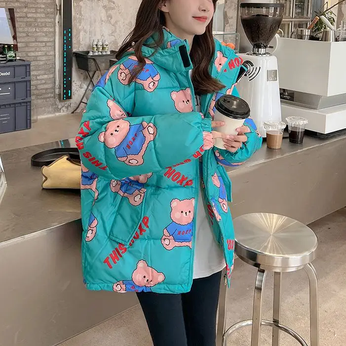 Winter Cute Bear Full Print Loose Warm Jacket Hooded Street Casual Long Sleeve Zip Cardigan Kawaii Sweet Woman Coat 2022 New