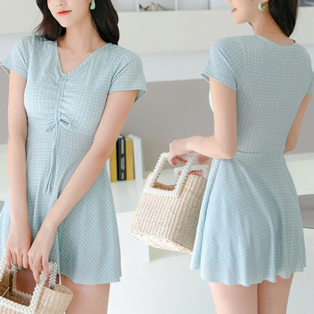 

Sexy 2Pcs/Set Attractive Quick Dry Checkered Bikini Cover Up Summer Bikini Cover Up A-Line for Vacation