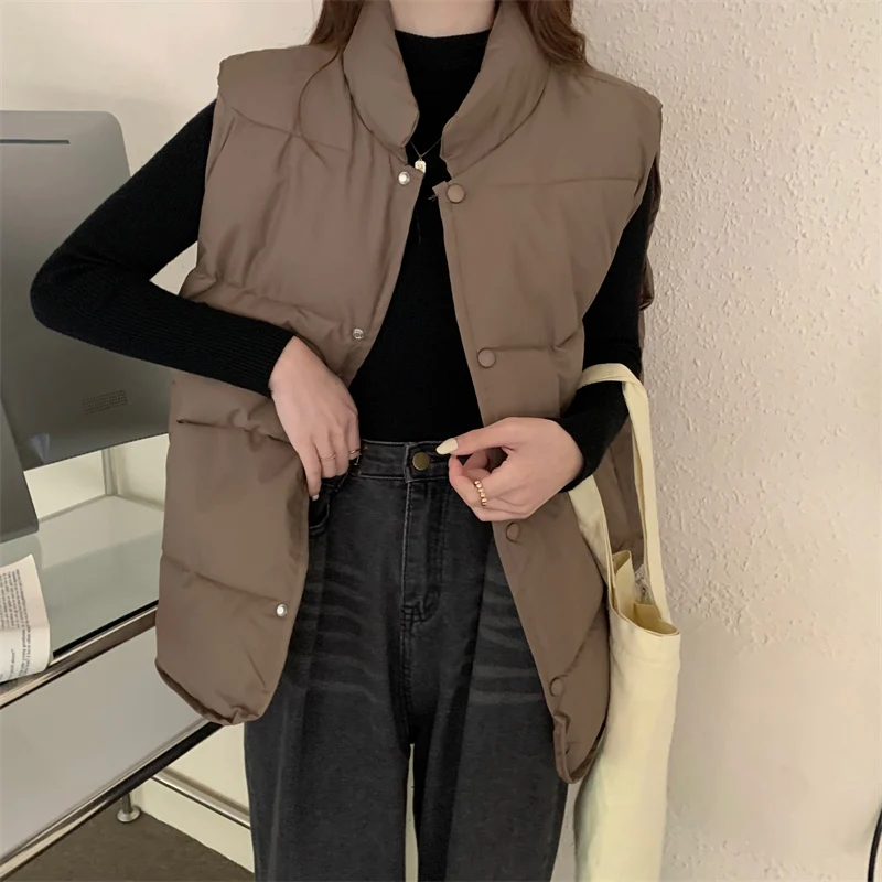 Winter Thick Single Breasted Women's Vest Loose Fashion Women Thermal Down Jacket Casual Solid Cotton Clothes 2022 Winter New