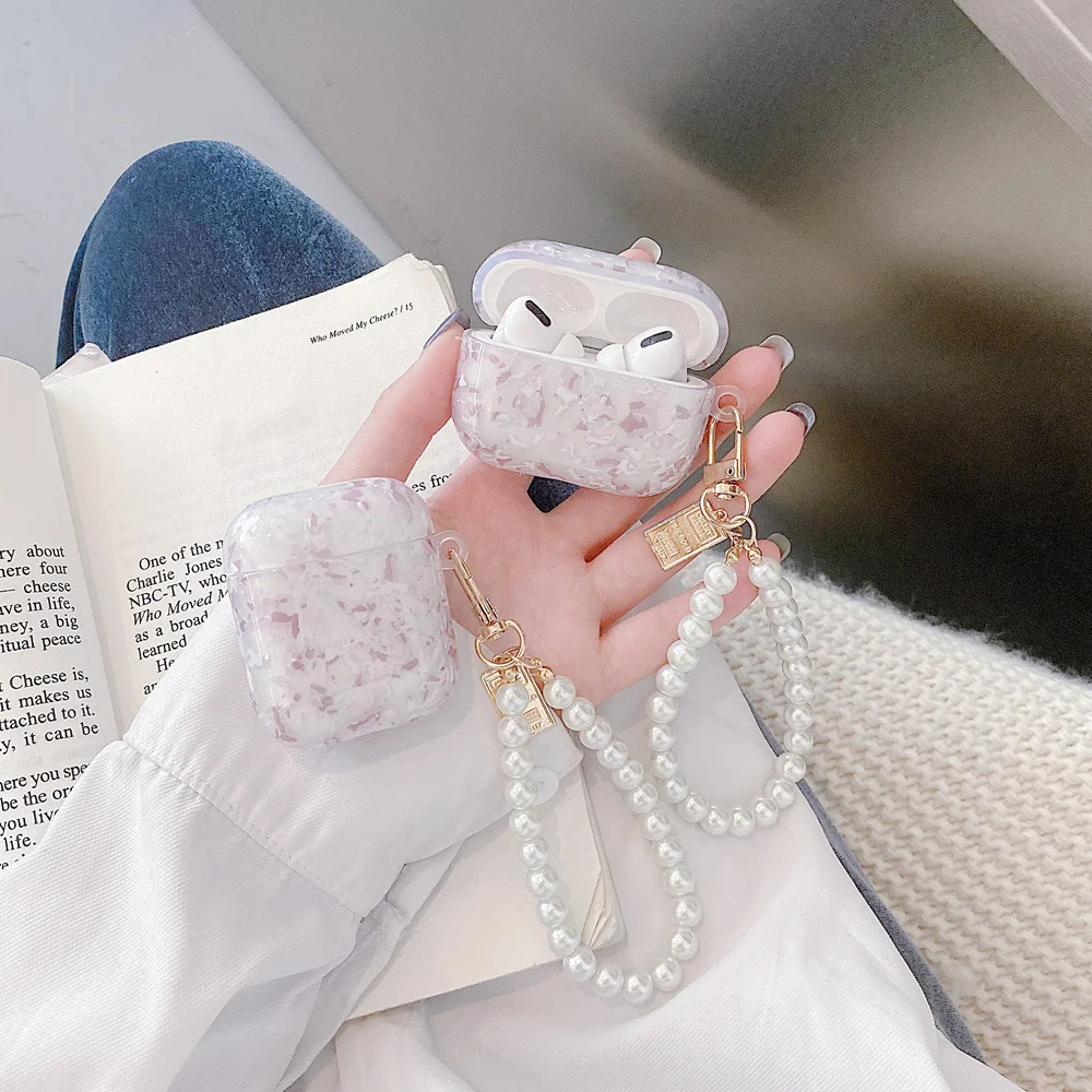 

Luxury Earphone case for Airpods 3 pro shell pattern TPU earphone protective cover for Apple Airpods 2 pro case with pearl chain