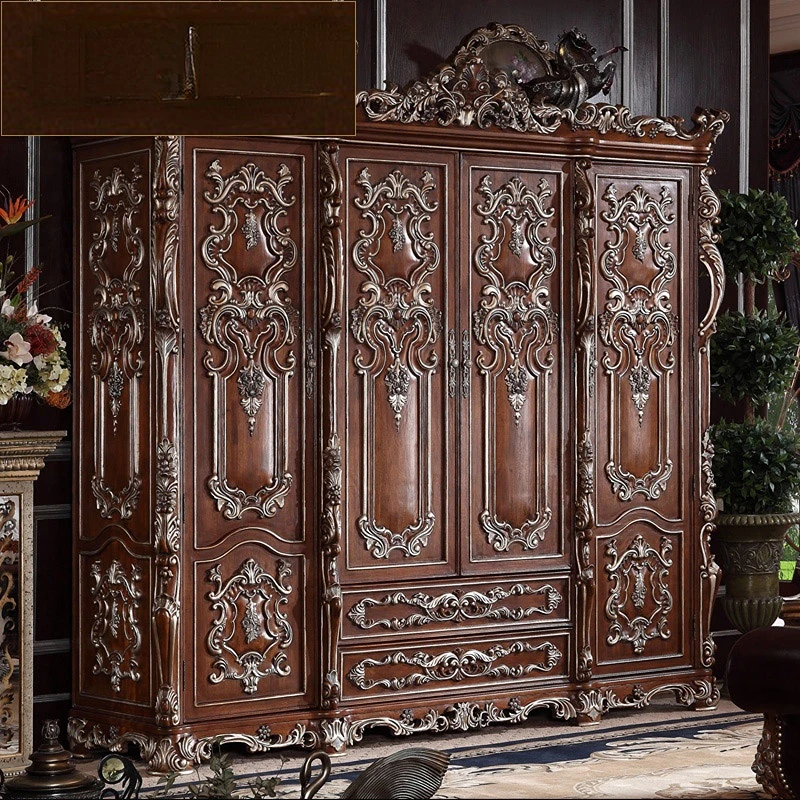 

French solid wood four-door wardrobe luxury European villa lockers bedroom storage cabinet