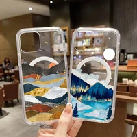 mountain scenery phone case for iphone 13 12 11 mini pro max transparent super magnetic magsafe cover