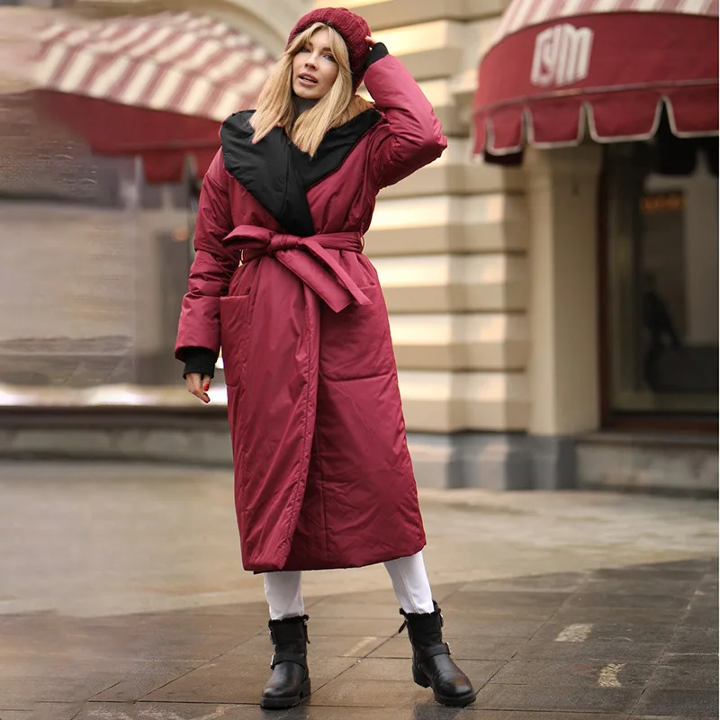 WeiYao Blue Padded Jacket for Women 2022 Winter Fashion y2k Streetwear Long Sleeves One Size Red Warm Hooded Coat with Belt