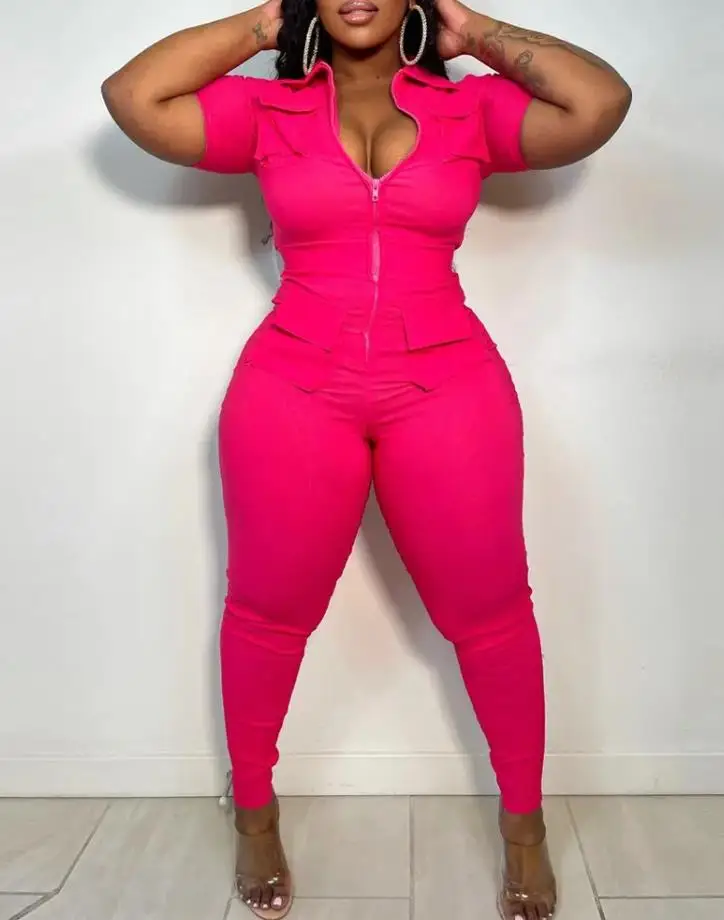 New Woman Summer Jumpsuits Plus Size Pocket Zip Front Playsuit Sexy Sleeveless Skinny Bodysuit Casual Daily Outfit Streetwear