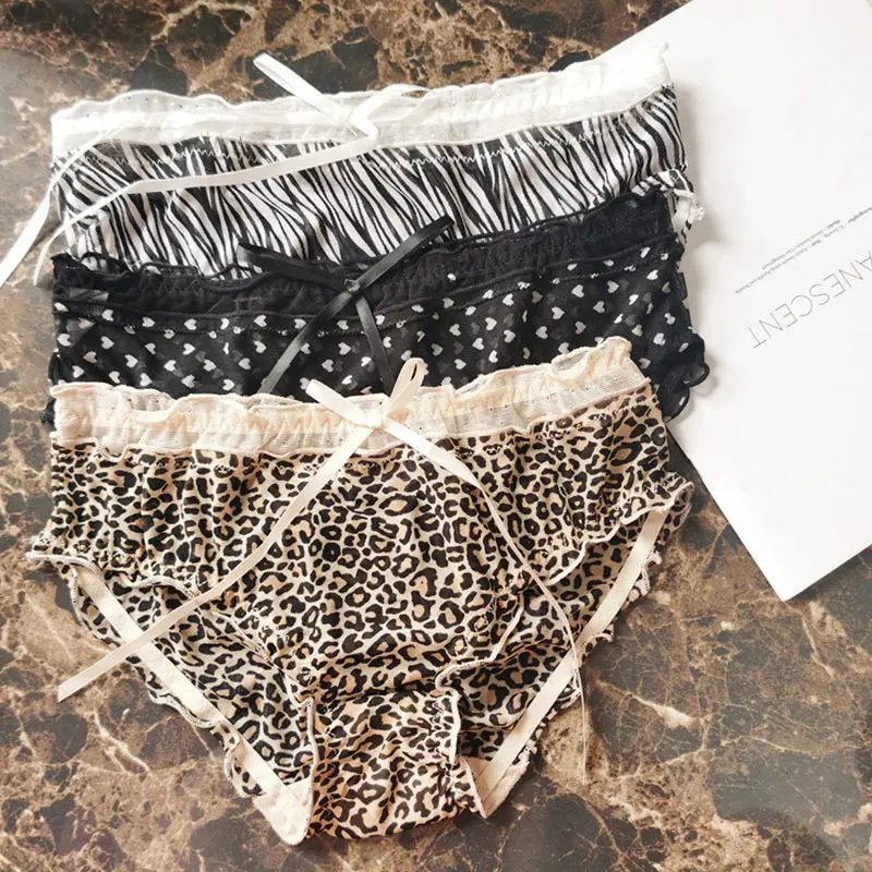

1Pcs Women Ice Silk Thongs Leopard Stain Panties Stripe Shorts Briefs Bowknot Lace Low Waist