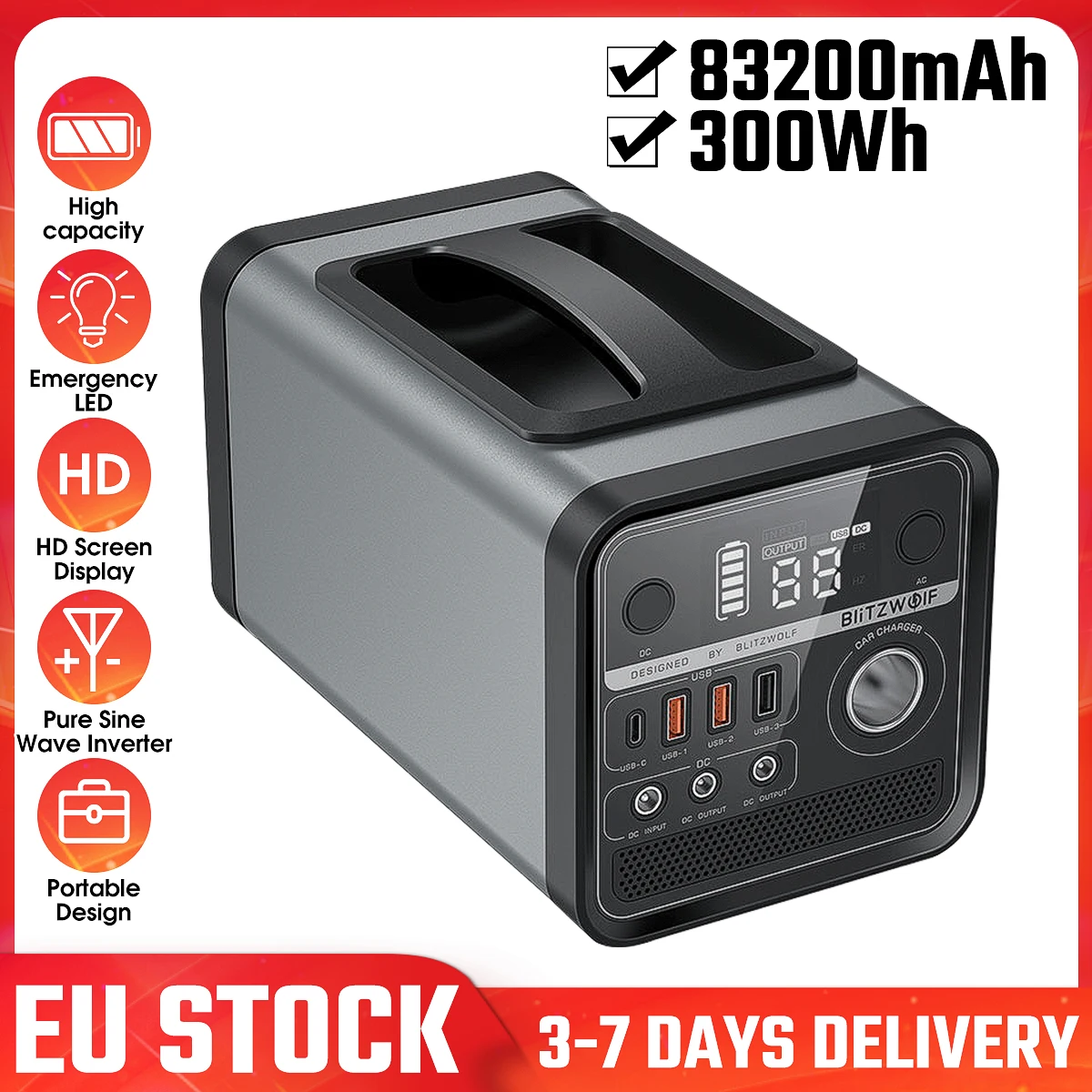 

BlitzWolf 83200mAh Portable Power Station 300Wh Emergency Generator Outdoor Emergency Power Supply Camping Power Bank Inverter