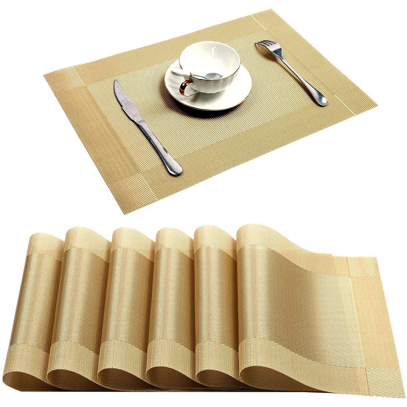 

6/4pcs Gold Placemat Washable PVC Dining Table Set Weave Mats Diagonal Frame Teslin Cloth Disc Bowl Coaster Non-slip Pad