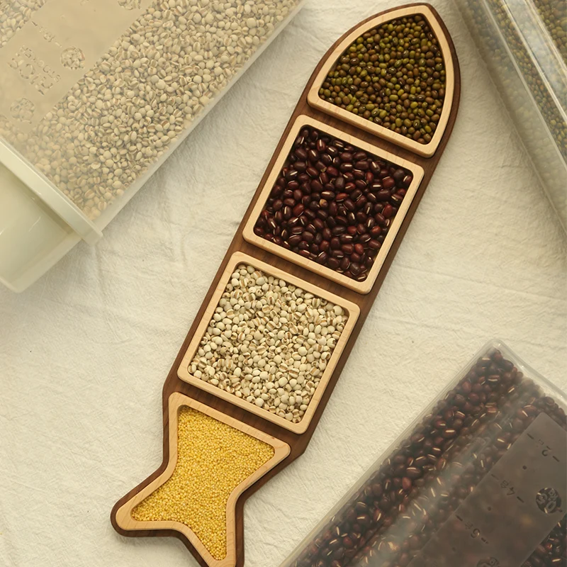 

Japan Style Solid Wood Household Dish Plate Creative Fish Shape Double Layer Snacks/Nuts Plate Eco Natural Wood Storage Trays