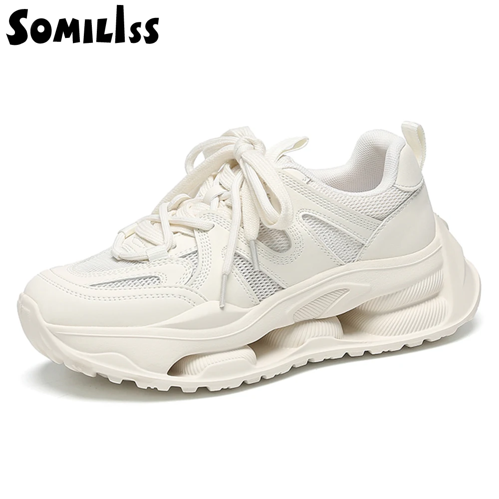 SOMILISS Women Chunky Sneakers Genuine Leather Mesh Round Toe Lace Up Ladies Spring Summer Breathable Soft Platform Casual Shoes
