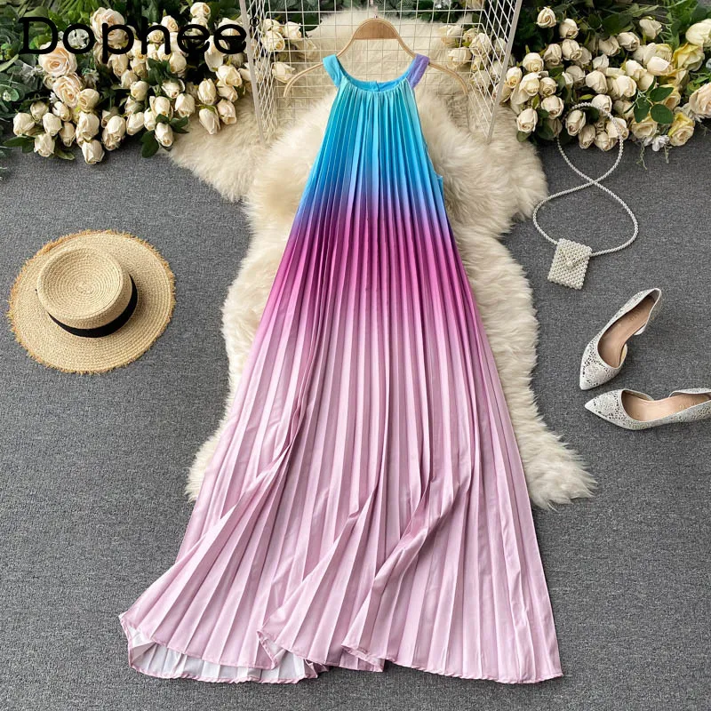 

Женское пляжное платье с радужным градиентом, свободное облегающее платье большого размера с круглым вырезом и лямкой на шее