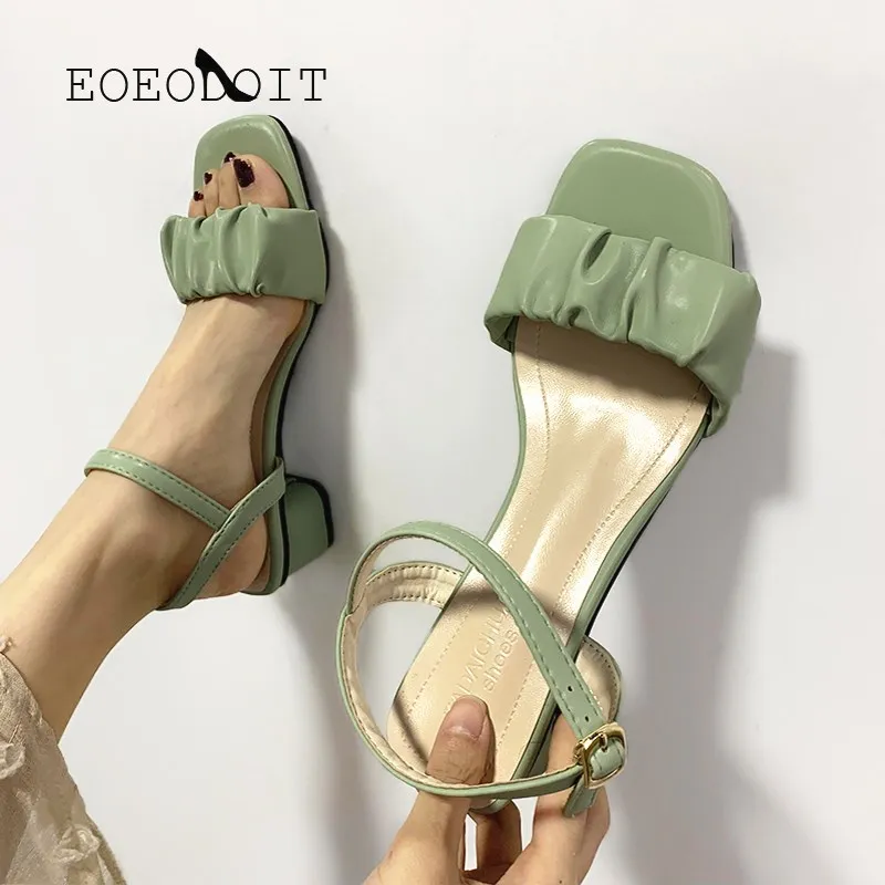 

EOEODOIT Summer Women Sandals Med Chunky Heel Sandal Leather Pumps Shoes Ankle Buckle Strap Open Toe