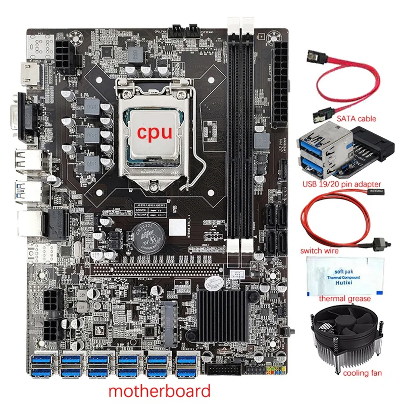 

Материнская плата 12 GPU B75 для майнинга + ЦП + вентилятор + термопаста + адаптер USB3.0 + SATA/линия переключения 12 USB 3,0 слот LGA1155 DDR3 SATA3.0