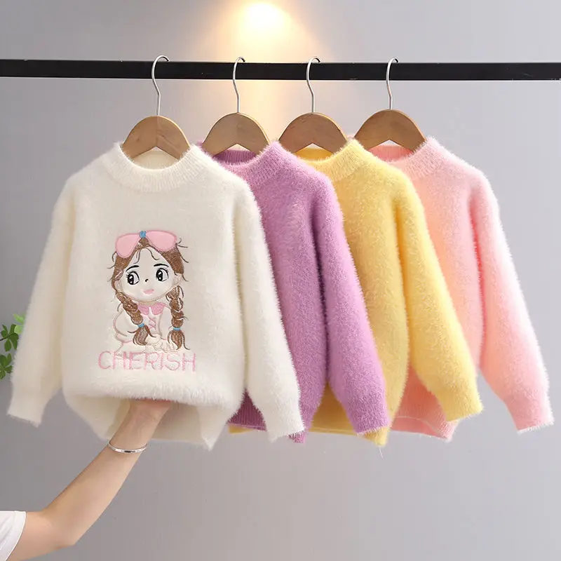 

Girl's Sweater 2023 New Flocking Pullover Baby's Fashionable Winter Knitwear Warm Caroon Girl Children's Knitted Clothes GY11251