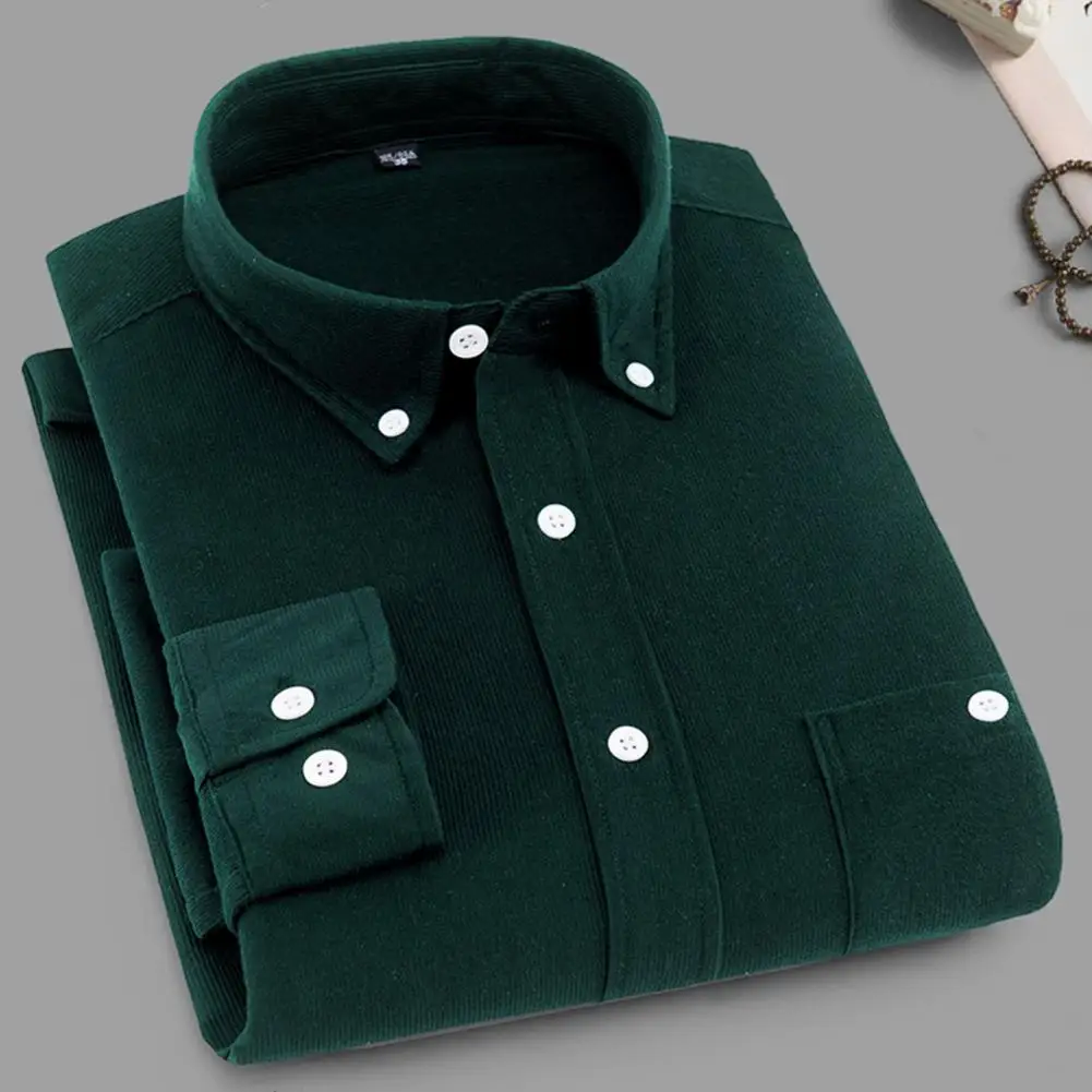 

Office Shirt Solid Color Men Shirt Buttons Collar Corduroy Shirt