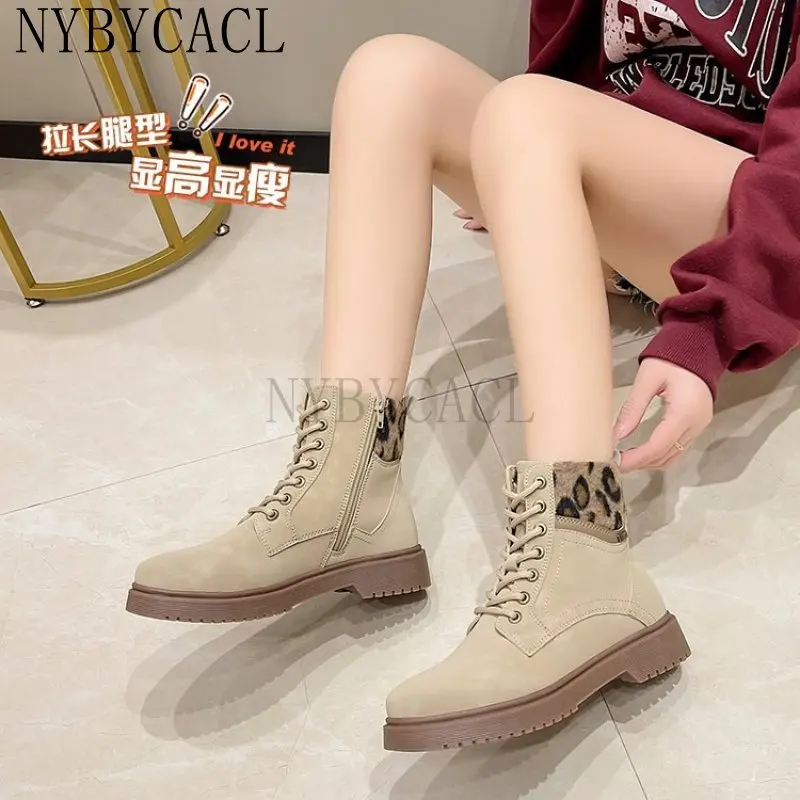 2023 New  Boots Women Suede Leather Women's Boots Mid-heel Flat Short Boots Winter Autumer Fashion Boots Leopard print border