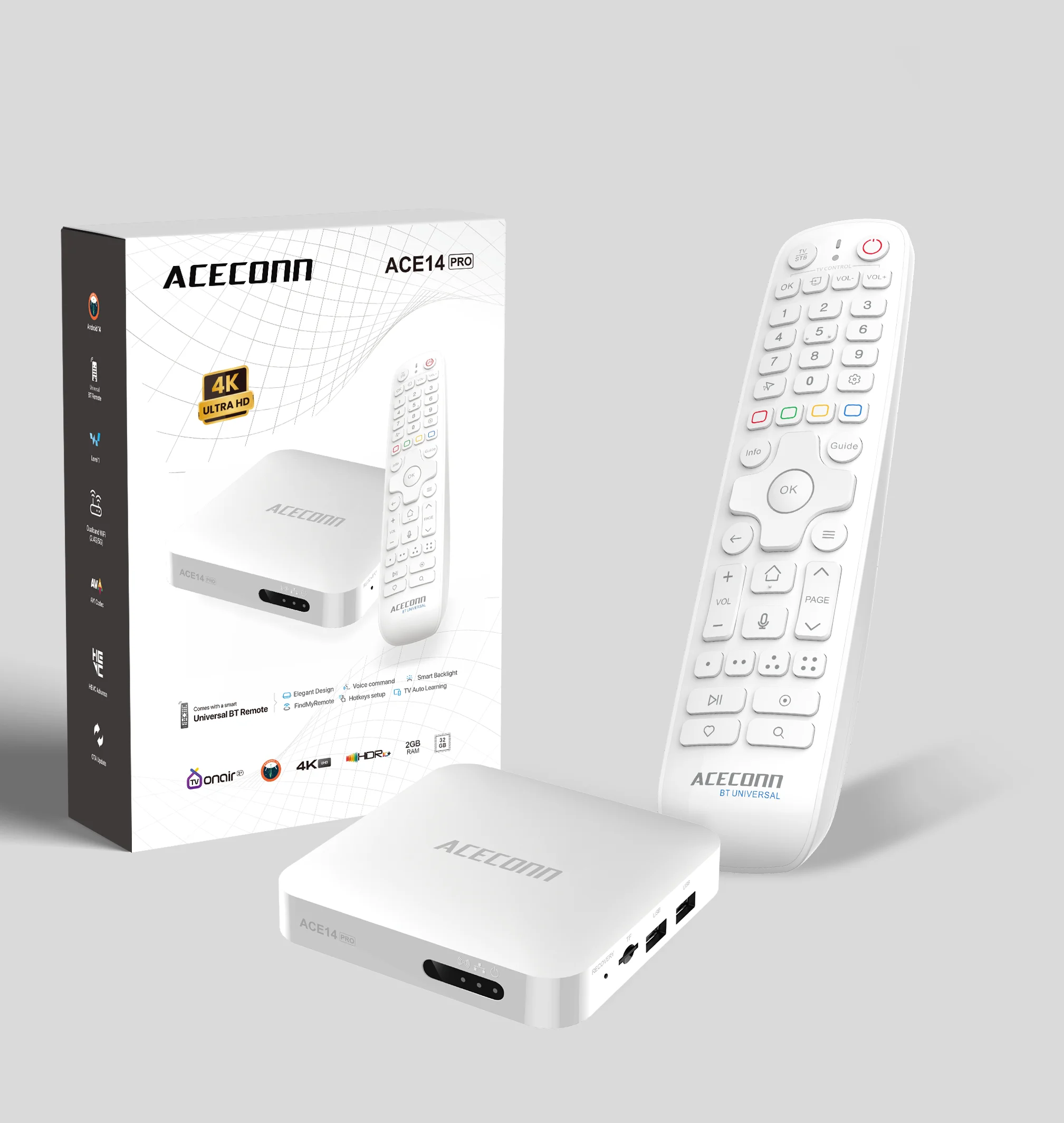 Фото ACE14 Pro DUAL OS IPTV онлайн ТВ-бокс, стриминговый бокс, IPTV, 2 ГБ ОЗУ, 32 ГБ памяти, двухдиапазонный Wi-Fi, LAN-порт, Bluetooth, автоматическое обучение горячим клавишам, подсветка пульта. №2