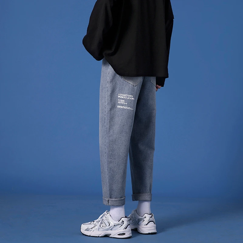 

Мужские Винтажные прямые джинсы, синие потертые джинсы с принтом, прямые джинсы в стиле ретро, 2022