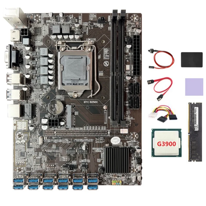 

Материнская плата B250C для майнинга BTC, 12GPU PCIE к USB3.0 LGA1151 DDR4 8 Гб 2133 МГц ОЗУ + процессор G3900 + кабель 4-контактный к SATA + SSD 128G