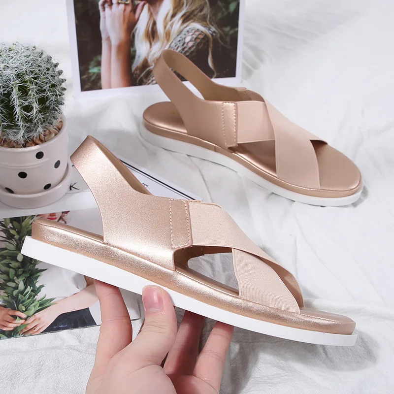 

New Summer Women Sandals Sexy Shoes Gold Casual Woman Flats Elastic Band Strap Ladies Fashion Beach Shoe Big Size Zapatos Mujer