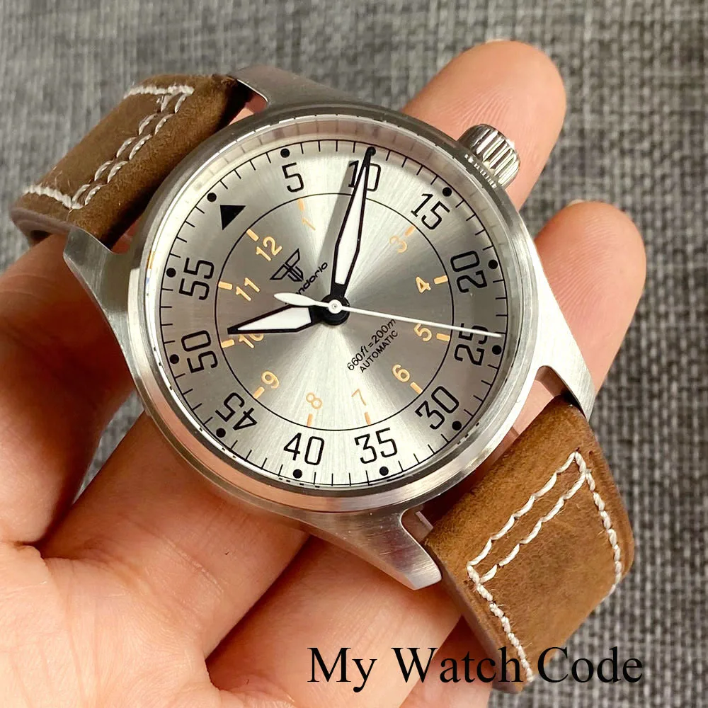 Tandorio Diver Watch 316L Steel NH35 Sunburst Silver Dial Filed-Watch Sapphire Crystal 20Bar Waterproof Sport Clock Green Lume enlarge