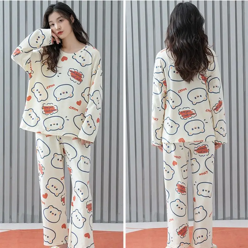 Yasuk Spring Autumn Fashion Women's Casual Lovely Print Cotton Pocket Sleepwear Homewear Cute Pajamas With Pants Bear Pullover