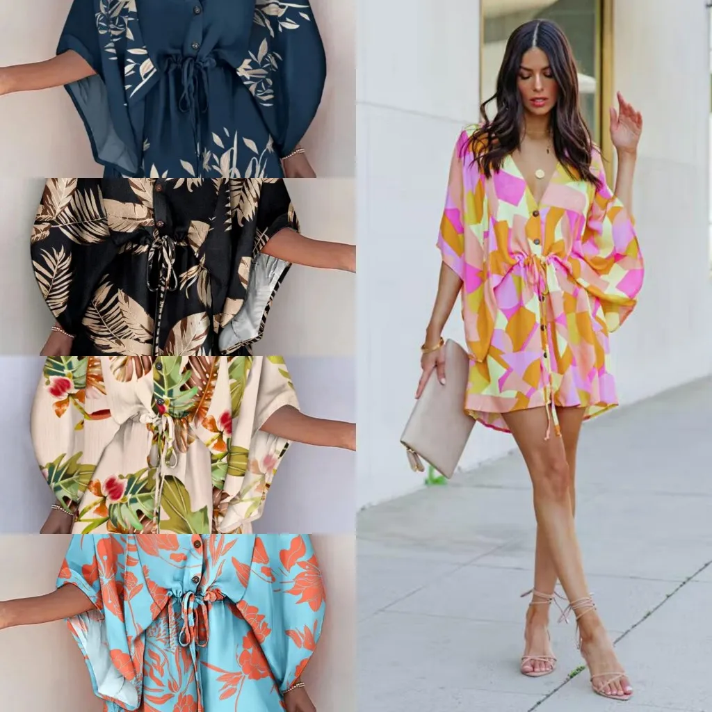 

Женские летние новые свободные платья-рубашки с принтом, короткое платье, повседневное пляжное платье для отпуска в стиле бохо