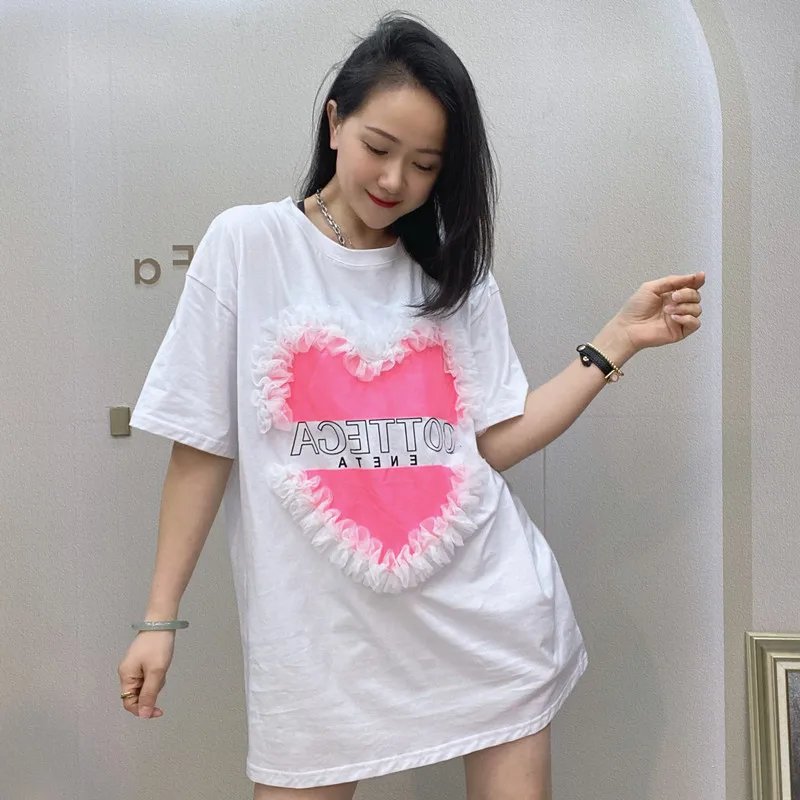 Летняя Повседневная футболка с 3D кружевом в форме сердца для женщин, свободная футболка с круглым вырезом и принтом в виде пятен для молодых девушек
