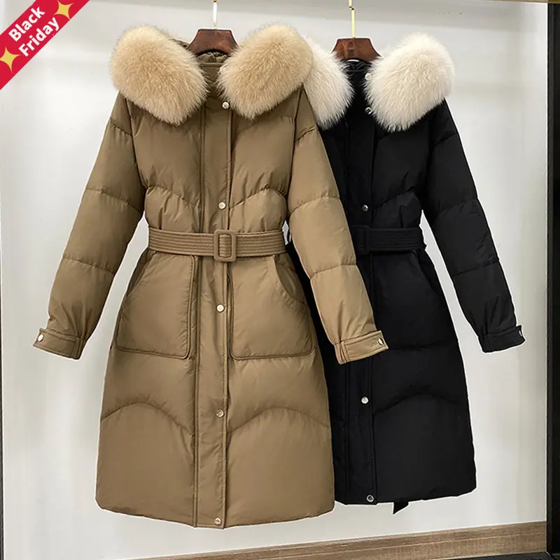 

Женское пальто на белом утином пуху, теплая Толстая куртка со съемным натуральным большим меховым воротником, повседневная одежда, зима 2023