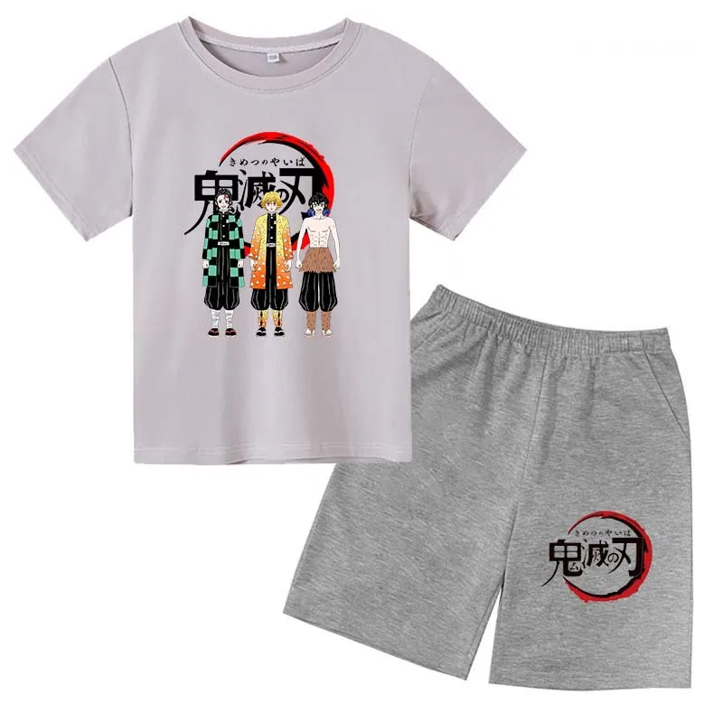 

New Anime 2022 Summer Ghost Slayer Fashion Boys Girls T-shirt Suit O Neck Short Sleeve Pants 2 Piece Kids Kawaii Clothing 4-14T