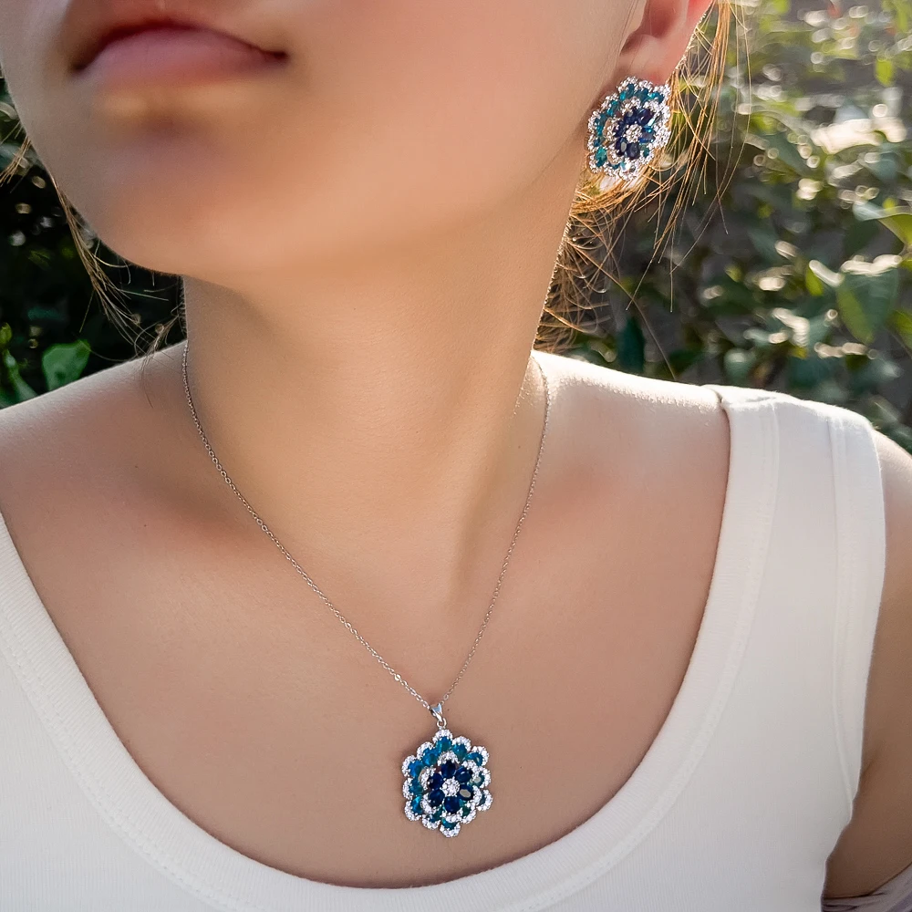 CWWZircons Art Deco Роскошные синие циркониевые массивные серьги в форме цветка и ожерелье с подвеской Женские вечерние комплекты ювелирных изделий T764 (art.: 3920cae4b74ff) - 3920cae4b74ff