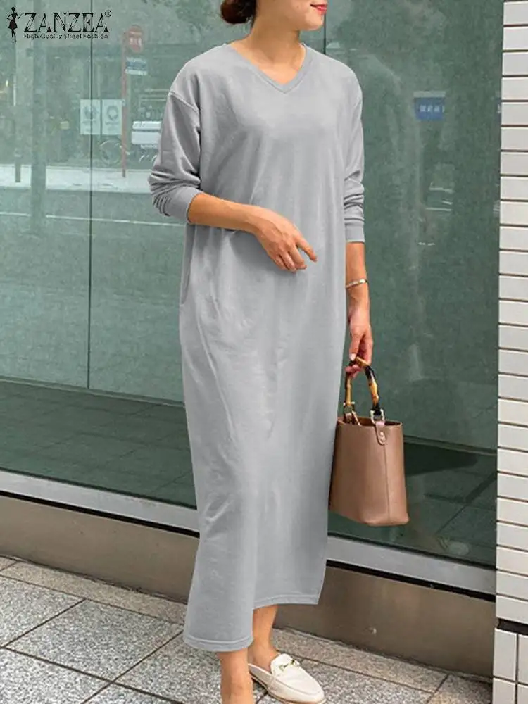 

Женское осеннее платье-макси ZANZEA, повседневные свободные офисные платья, однотонное платье, женское элегантное платье с длинным рукавом, стильные платья