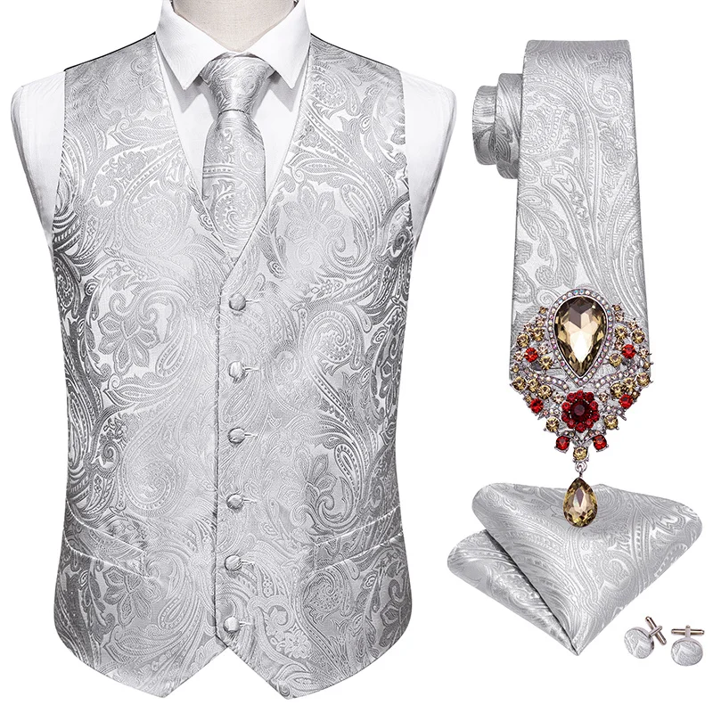 

5PCS Designer Mens Wedding Suit Vest Silver Paisley Jacquard Folral Silk Waistcoat Tie Brooches Vest Set Barry.Wang Groom