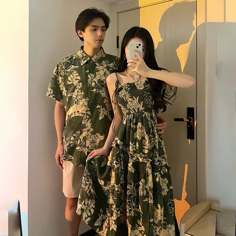 Семейная пляжная одежда для отдыха парная отпуска платье мамы и дочери зеленое