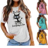 new its fine im fine letters life cute short sleeve t shirts casual womens tops cat print cotton o neck shirts