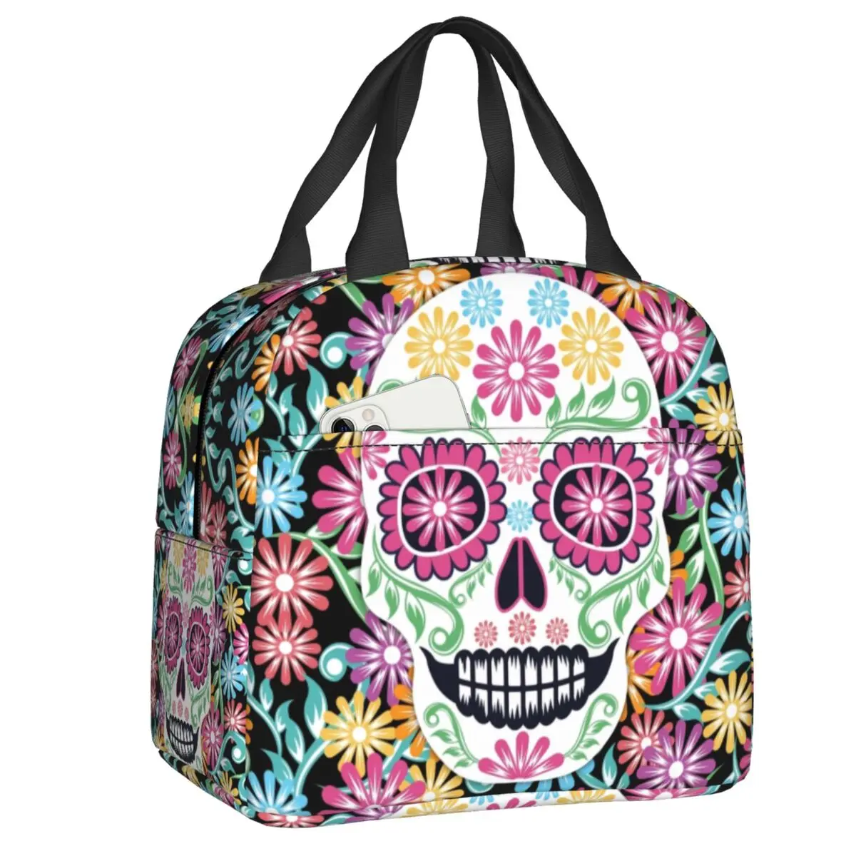

Day Of The Dead Sugar Skull Insulated Lunch Bag Leakproof Halloween Mexican Flower Thermal Cooler Bento Box Office Picnic Travel