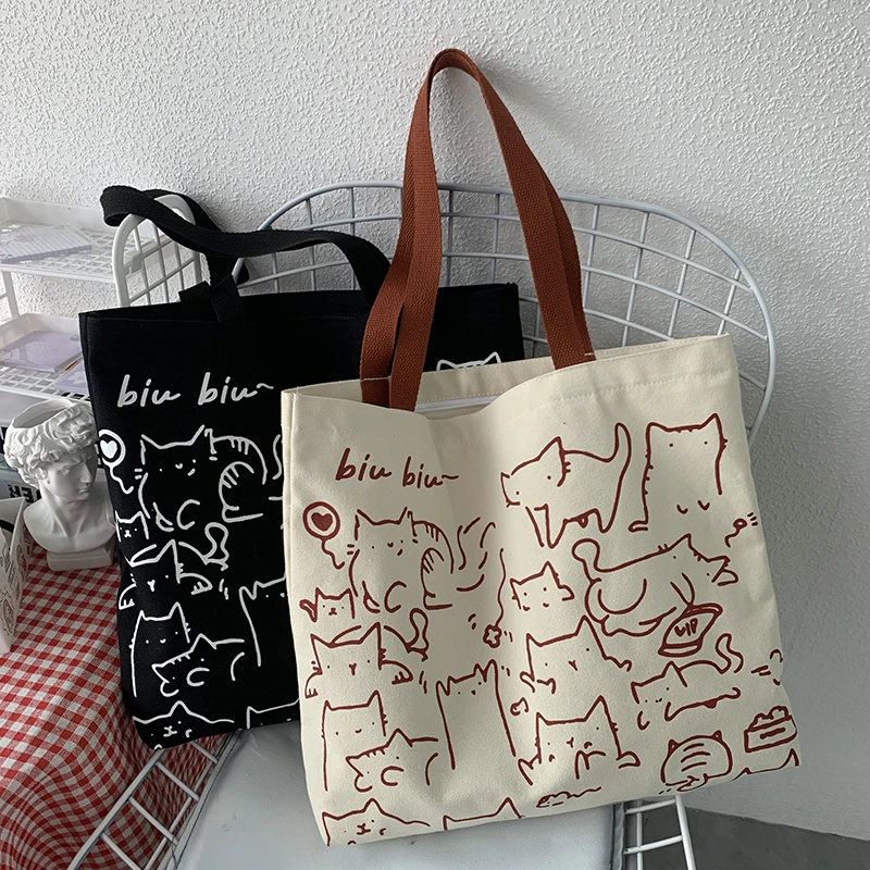 

New Women Canvas Shoulder Bag Cartoon Printing Ladies Casual Handbag Tote Bag Large Capacity Cotton Reusable Shopping Beach Bag