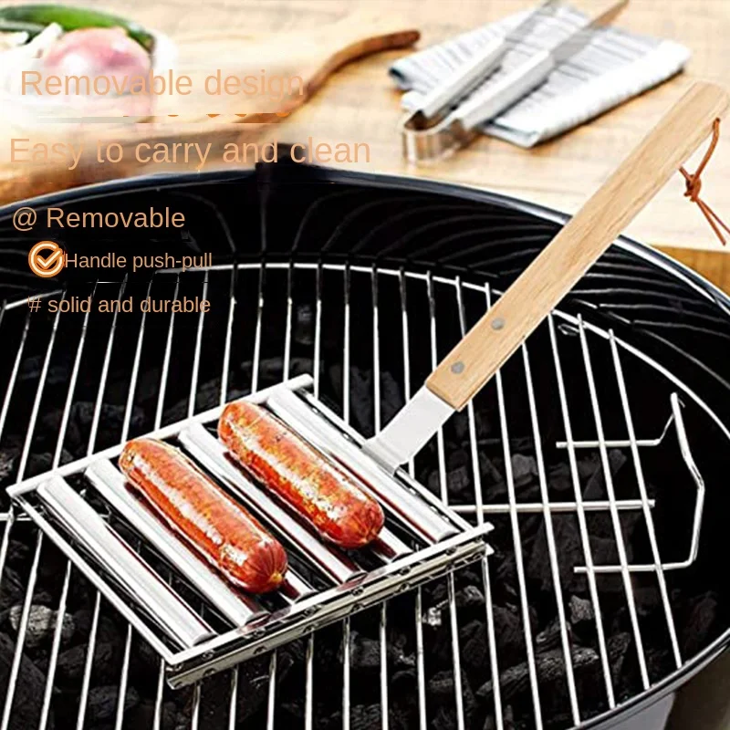 

Stainless Steel Sausage Roller Rack Outdoor Bbq Hot Dog Roller Rack With Extra Long Wood Handle Picnic Cooked Griller Tools