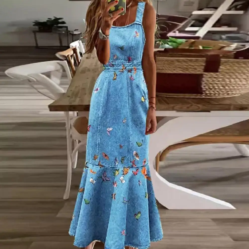 

Women Vintage Pattern Print Denim Dress Square Collar Waist Tight Backless Sling Dress Ruffle Hem Maxi Dress Streetwear