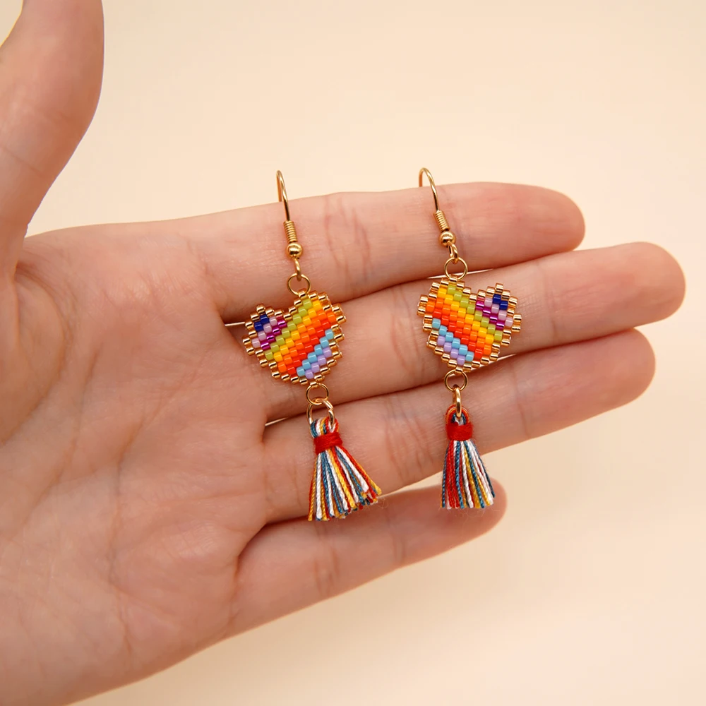 Go2Boho Earrings Multicolor Vintage Heart Peach Tassels Weaving Handmade Fashion Accessories For Women's Gifts Jewellery