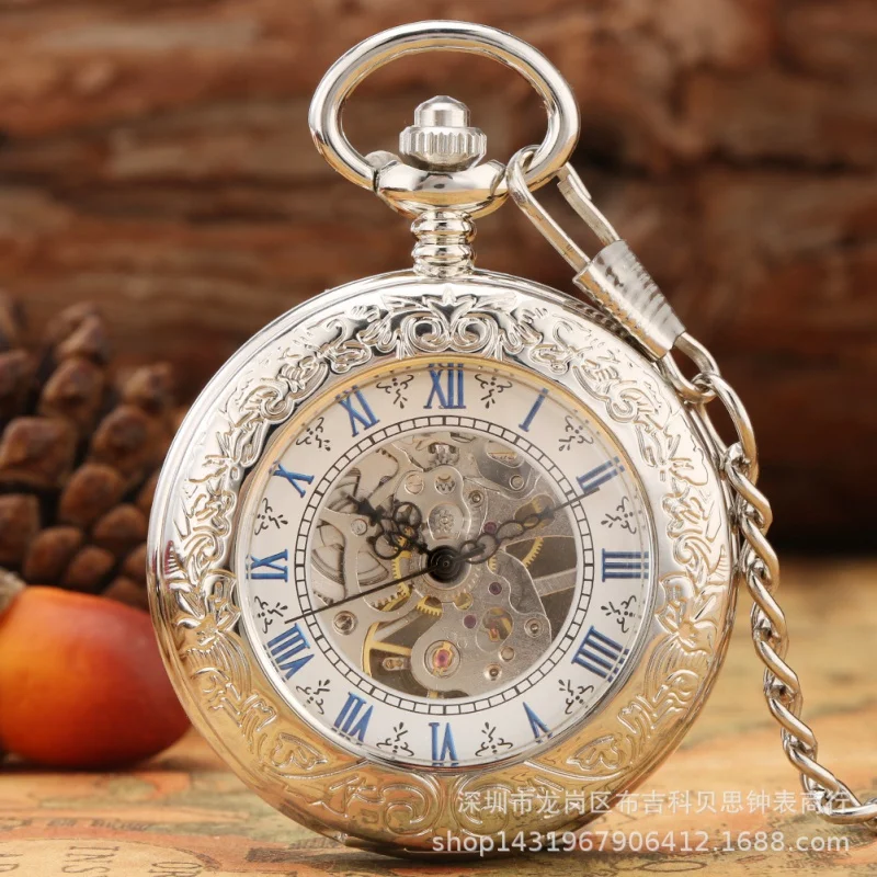 

Men's and Women's Mechanical Watch Creative Fashion Transparent Flip Roman Digital Manual Manipulator Pocket Watch in Stock Whol
