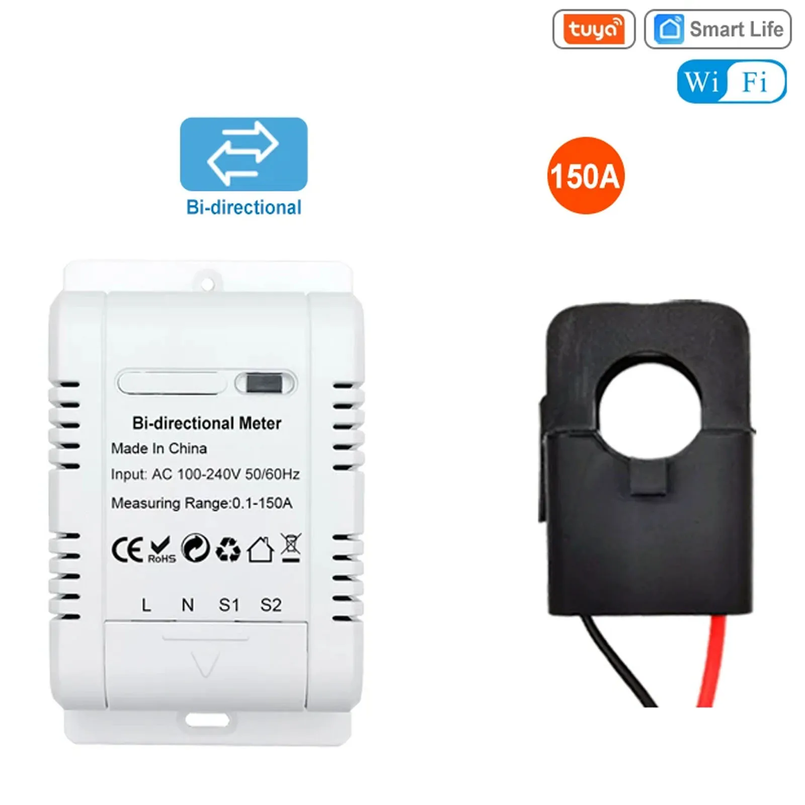 

Tuya Smart Bi Directional WiFi Energy Meter 150A Clamp Current Sensor Transformer Solar PV Two Way Power Monitor 110V 240VAC