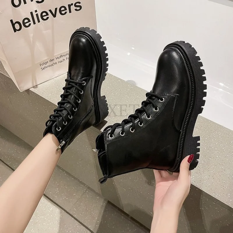 High Heeled Motorcycle Boots Flat Bottomed Women's Winter Slope Platform PU Leather Lace Up Black Fashion Shoes
