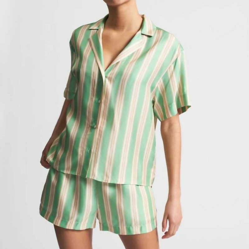 

2023 Summer New Mint Green Striped Real Silk Crepe Satin Short Sleeve Shirt / Same Style Shorts for Women