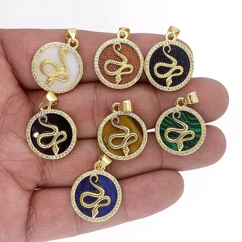 

Fashion Natural Stone Round Gold Plated Animal Snake Pendant Classic Punk Charm Jewelry DIY Making Cute Accessories For Men