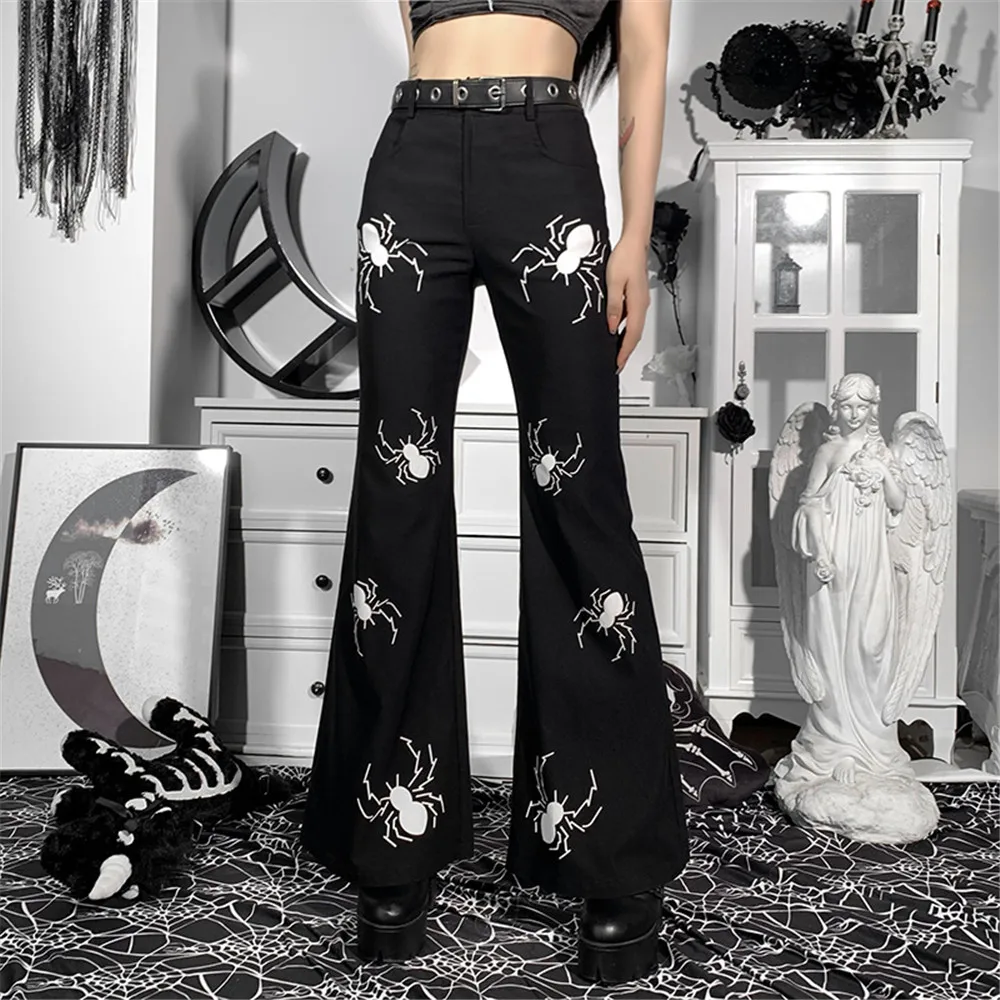 

Personality Wide Leg Casual Pants Design Spider Print High Waist Flared Pants Gothic Retro Women Darkness New 2022 Fashion