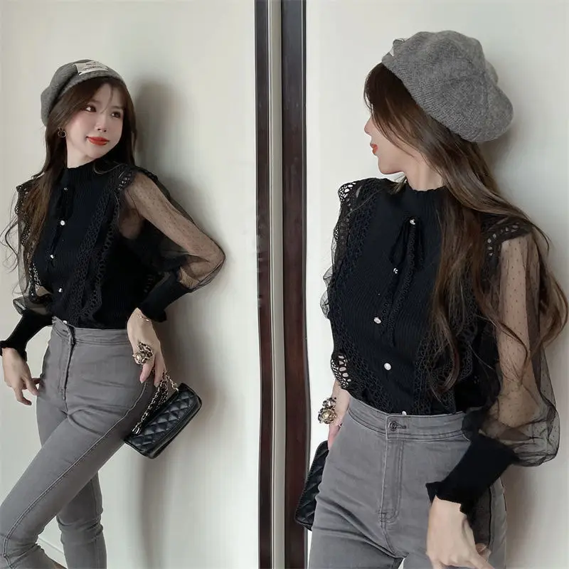 

Fashion New Women Splicing Knitted Shirts Elegant Turtleneck Long Sleeve Shirts Female Sexy Lace Long Sleeves Lady Slim Shirts